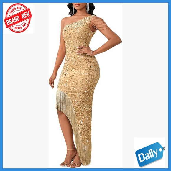 Sequin Mermaid Cocktail Dress One Shoulder Tassels Bodycon Formal Evening